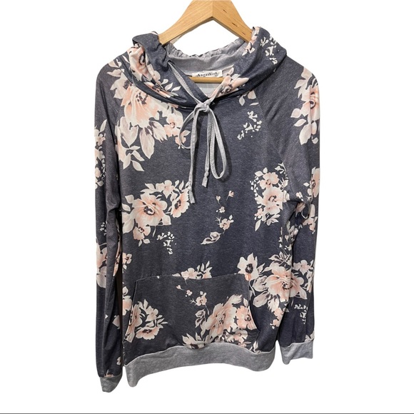 ANGASHION MARLED GRAY AND BLUSH PINK FLORAL LS SOFT STRETCHY HOODIE TOP - Picture 2 of 13